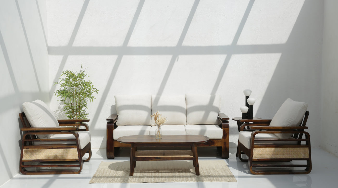 Vortex 3+1+1 Sheesham Wood Sofa Set with Cane Detailing – Walnut Finish Arina Living