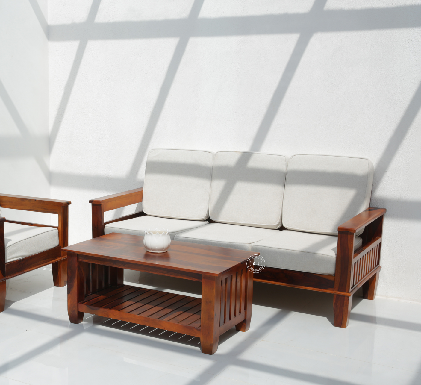Flux 3+1+1 Sheesham Wood Sofa Set with Cushions – Honey Finish