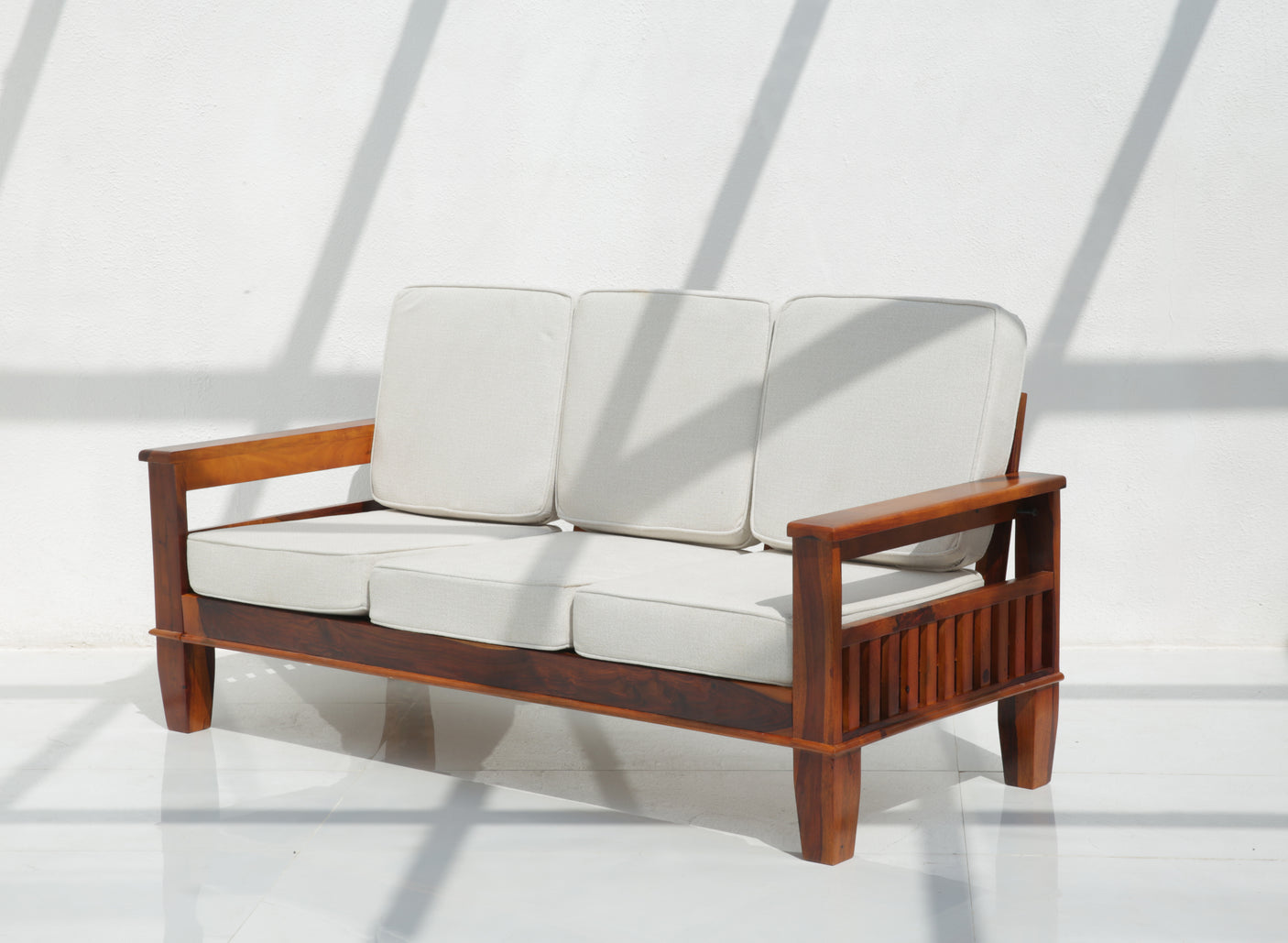 Flux 3 Seater Sheesham Wood Sofa with Cushions – Honey Finish Arina Living