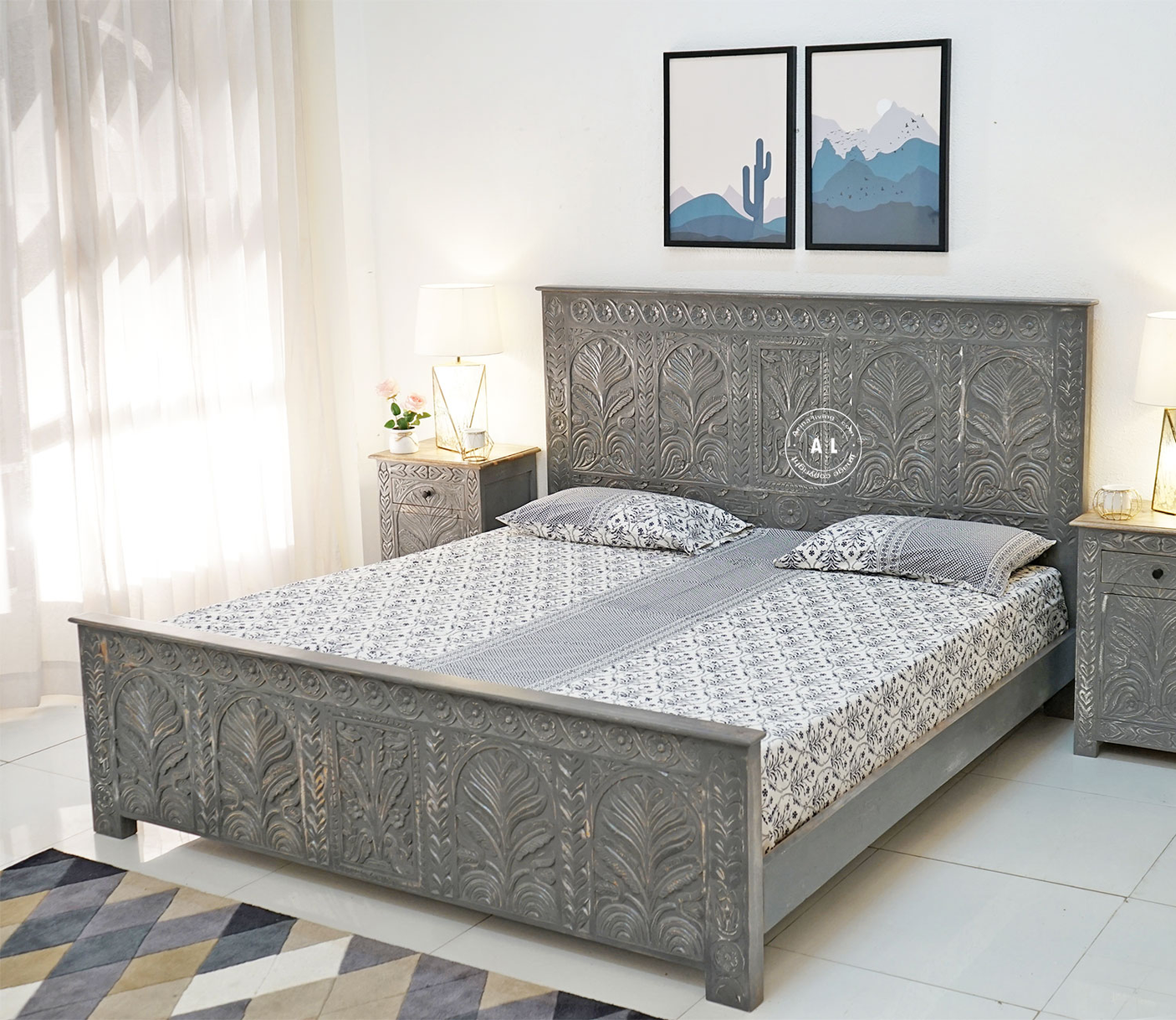 Minott Solid Mango Wood Hand-Carved King Size Bed – Grey Finish Arina Living