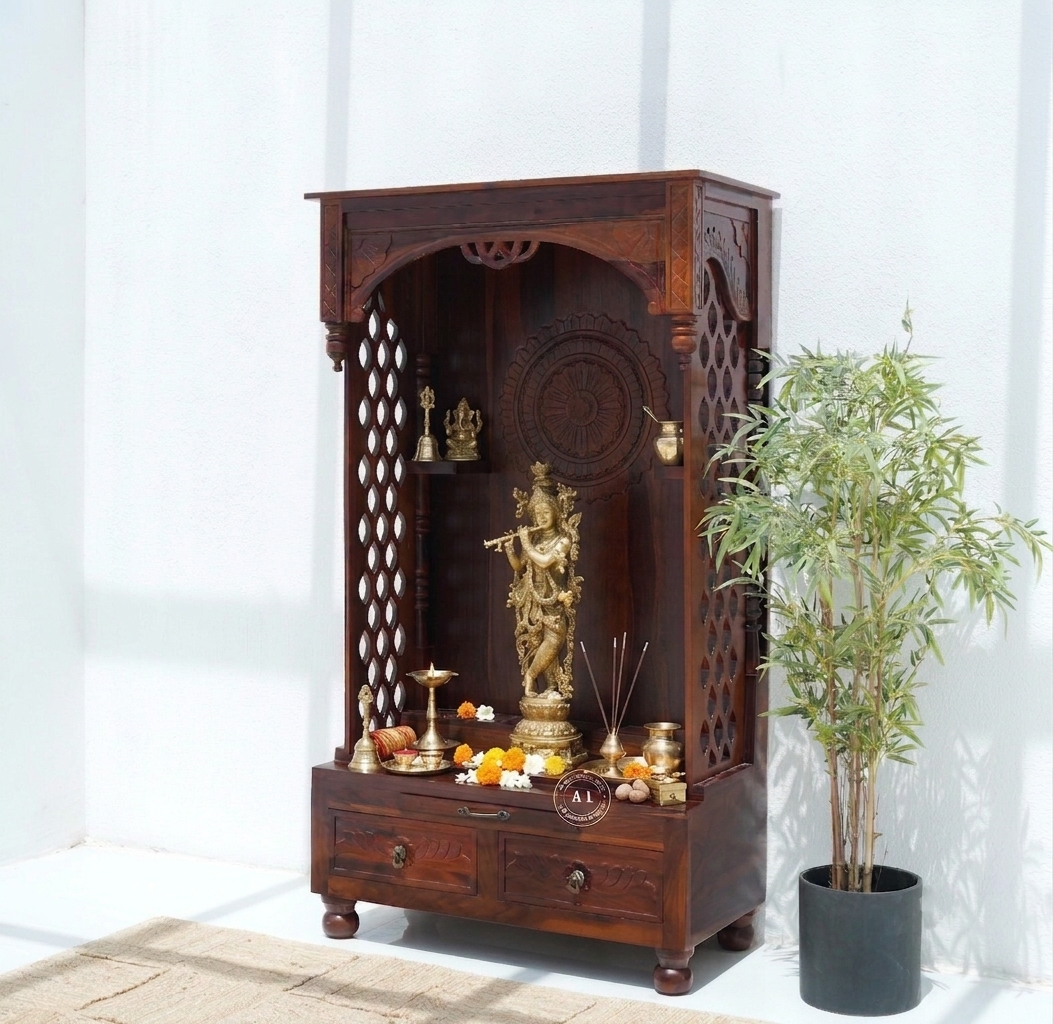 Harper Solid Sheesham Wood Home Temple with 2 Drawers – Honey Finish Arina Living