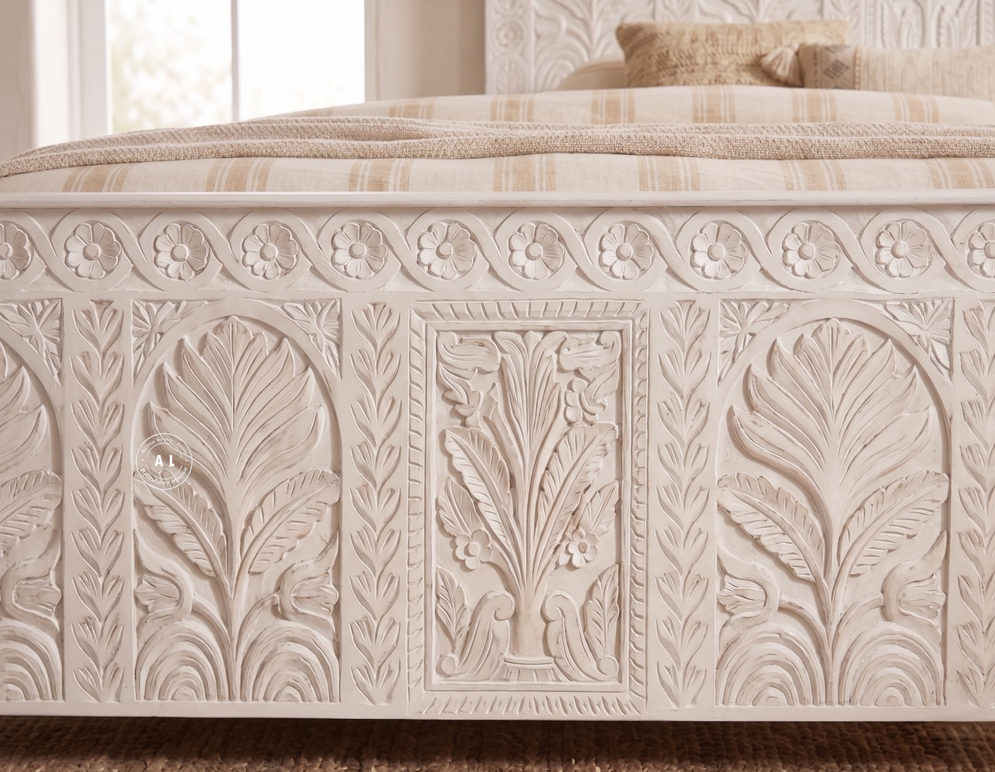 Minott Solid Mango Wood Hand-Carved King Size Bed – White Finish
