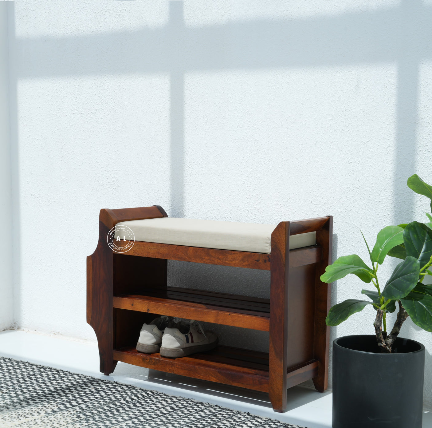 Kasie Solid Sheesham Wood Shoe Rack with Cushioned Seat & Storage Shelves – Honey Finish Arina Living