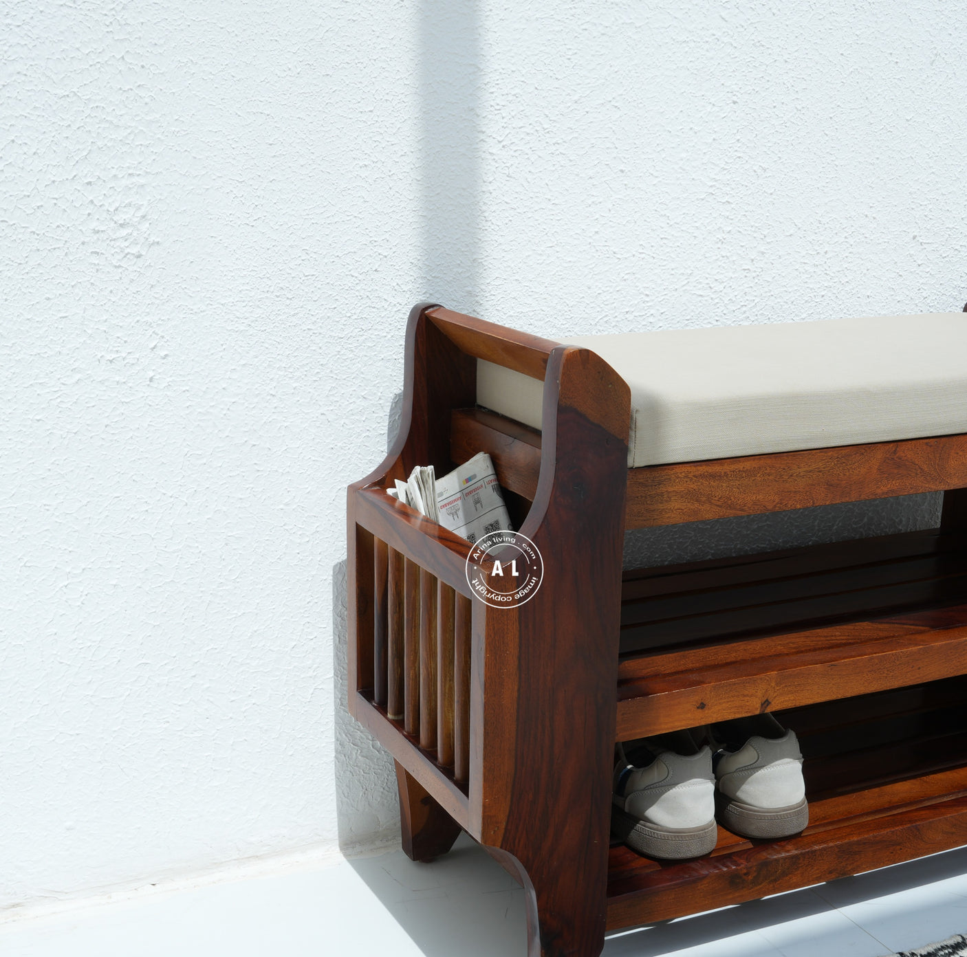 Kasie Solid Sheesham Wood Shoe Rack with Cushioned Seat & Storage Shelves – Honey Finish Arina Living