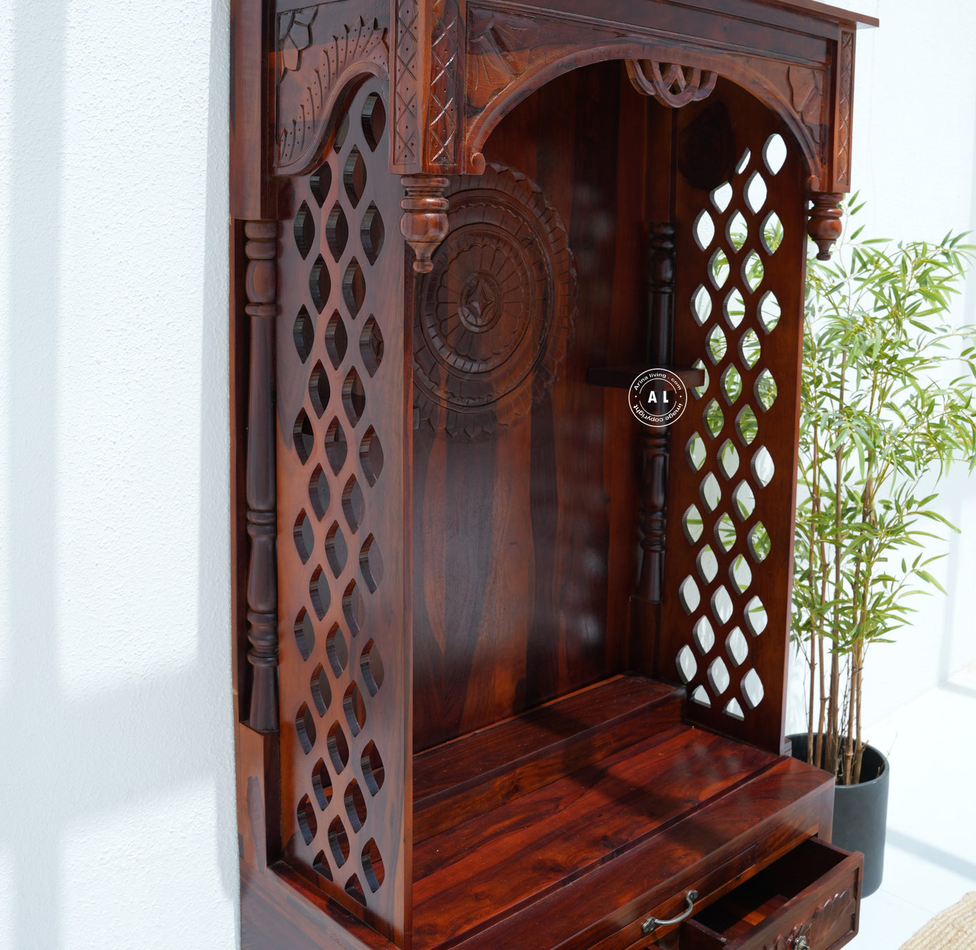 Wooden Temple with 2 Drawers - Honey finish Arinaliving