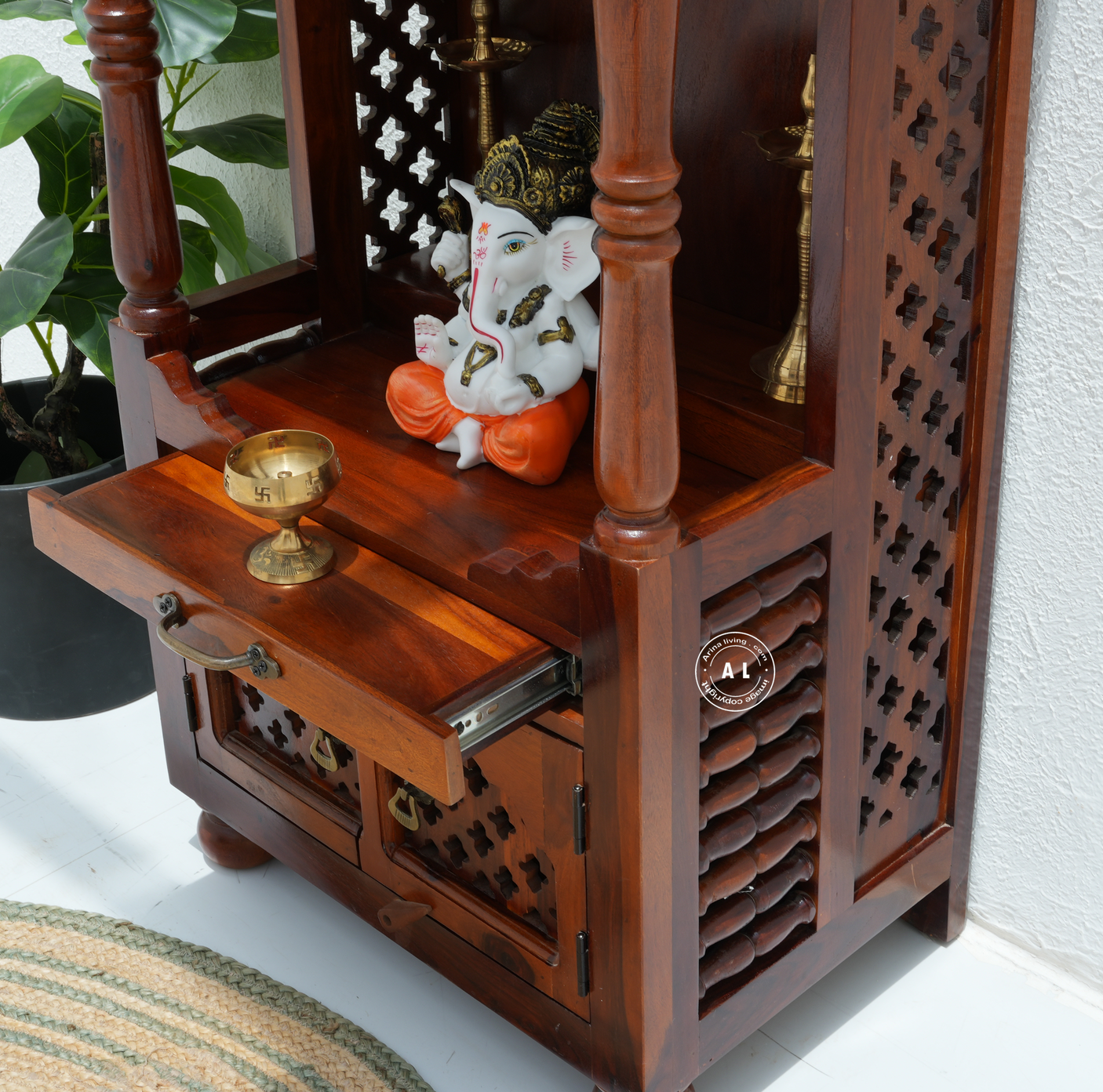 Wooden Temple with 2 door in Honey finish Arina Living