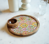 Round Wooden Serving Tray with Decorative Multicolor Floral Inlay With Wooden Bowl Arina Living