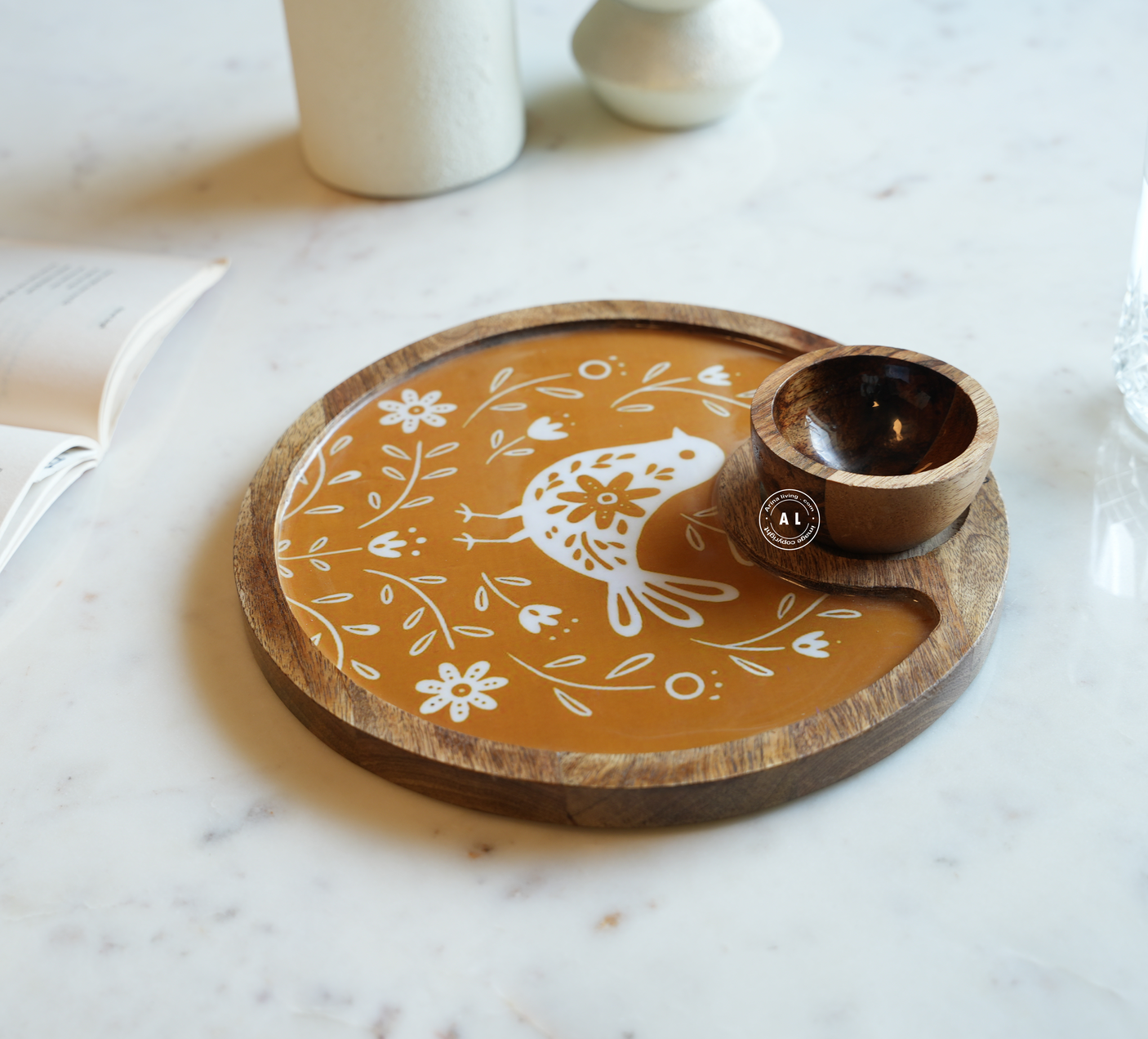 Round Wooden Serving Tray with Decorative Mustard Floral Inlay With Wooden Bowl Arina Living