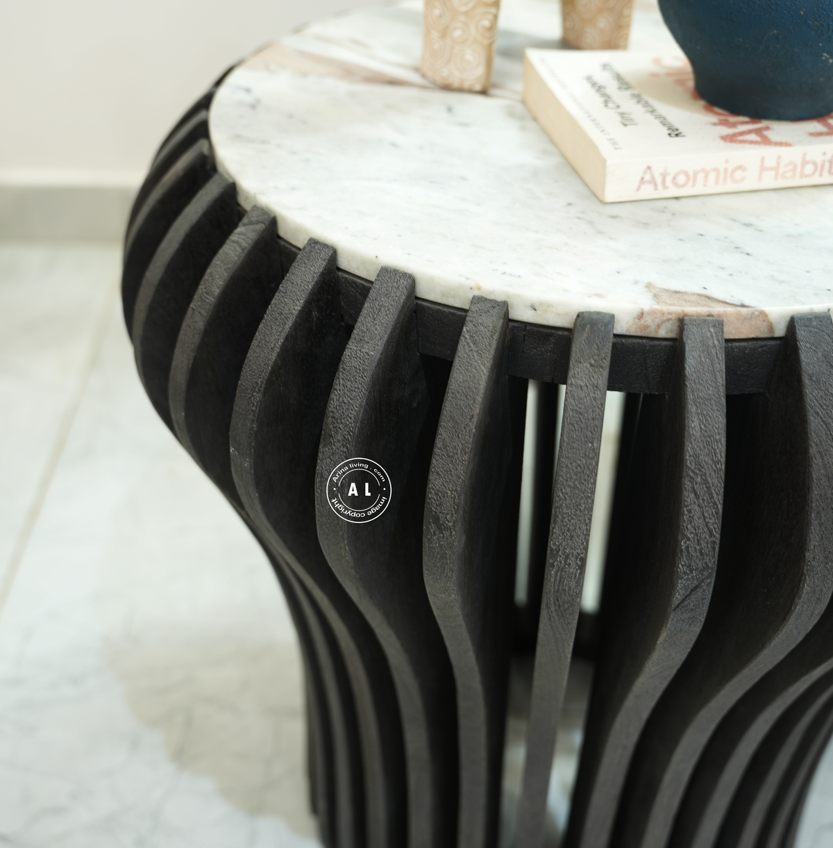 Wooden Side Table – Black Finish with Marble Top Arina Living