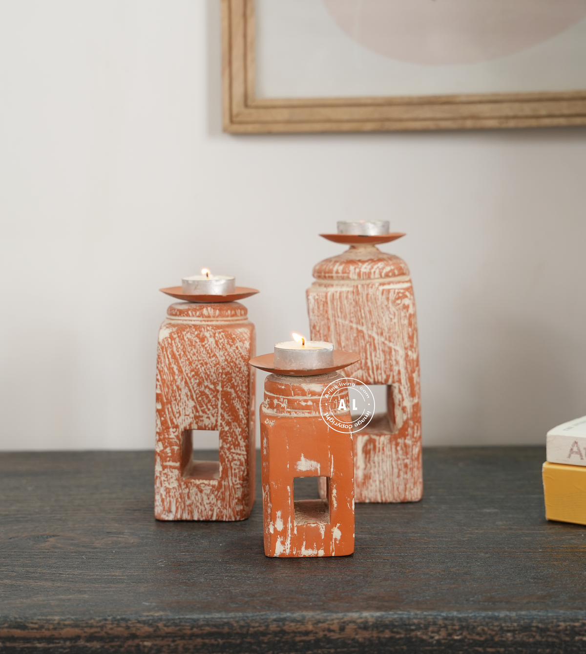 Rustic Wooden Candle Holder Set of 3 Arina Living