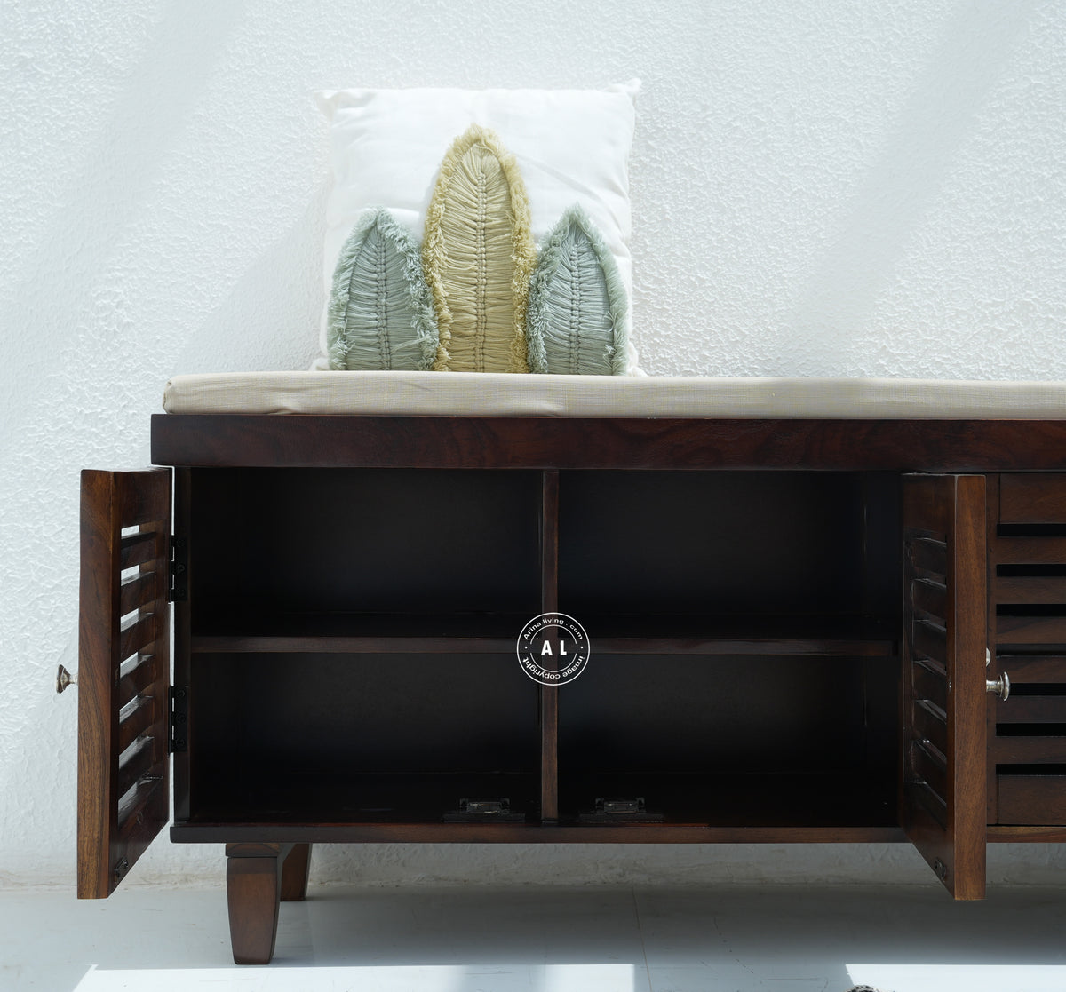 Modern Sheesham Wood Shoe Rack Bench - Honey Finish Arina Living