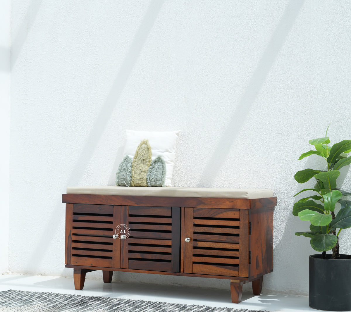 Modern Sheesham Wood Shoe Rack Bench - Honey Finish Arina Living