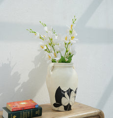 Ivory Black Floral Hand-Painted Decorative Ceramic Vase Arina Living