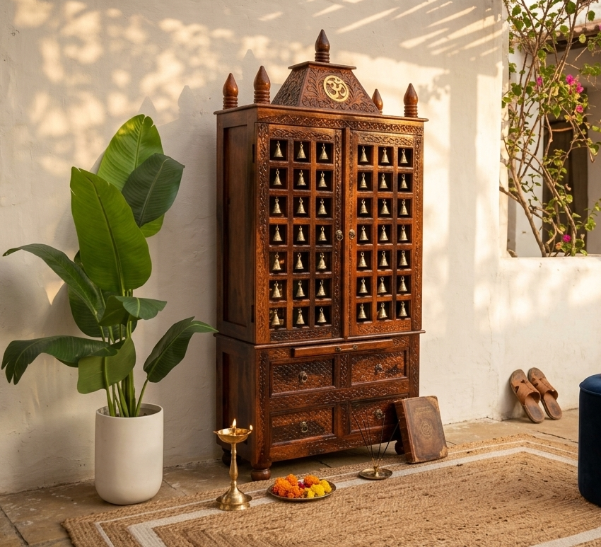 Fonda Sheesham Wood Home Temple with Bell Doors – Honey Finish Arina Living