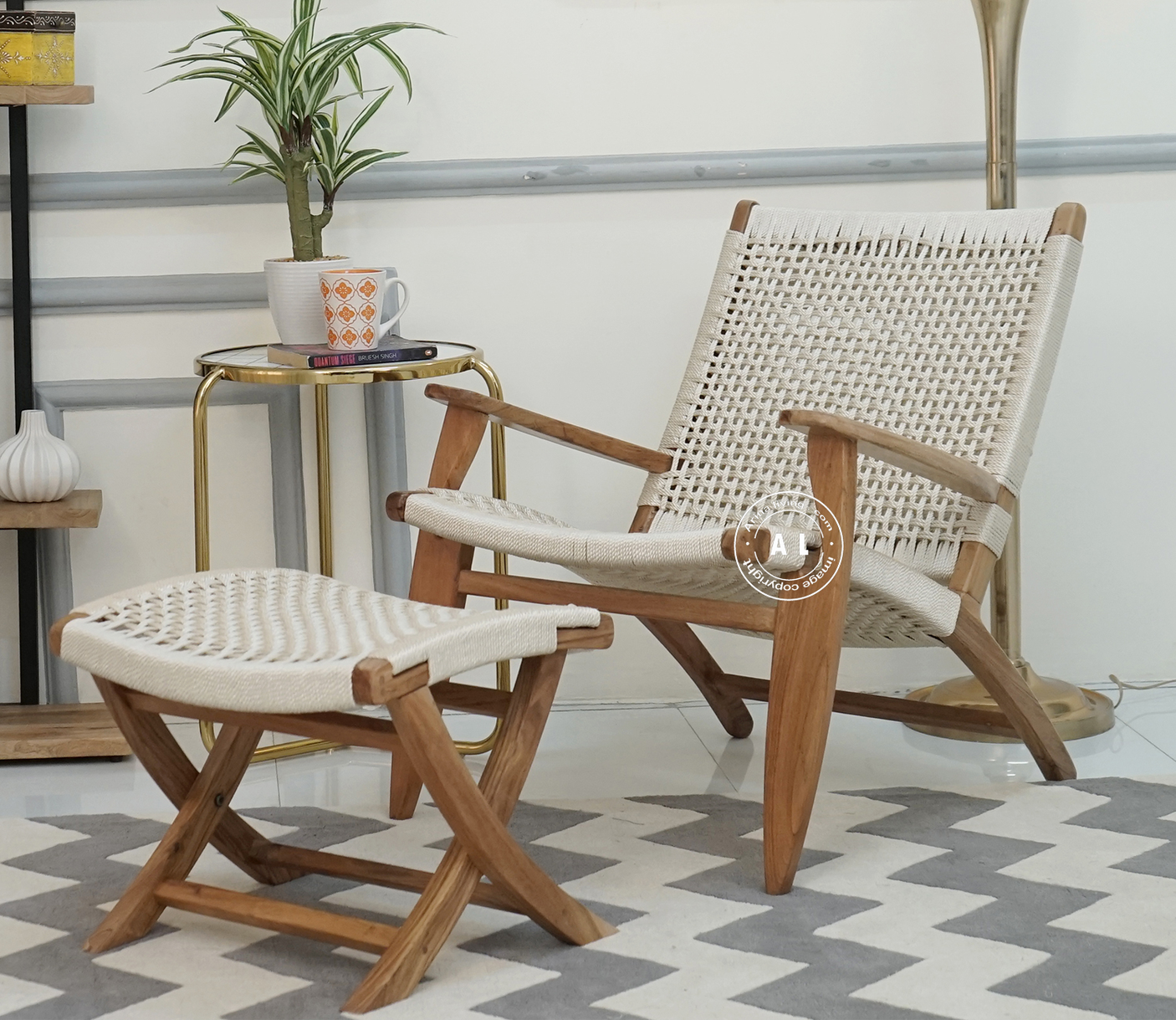 Acacia Wood Arm Chair with Stool