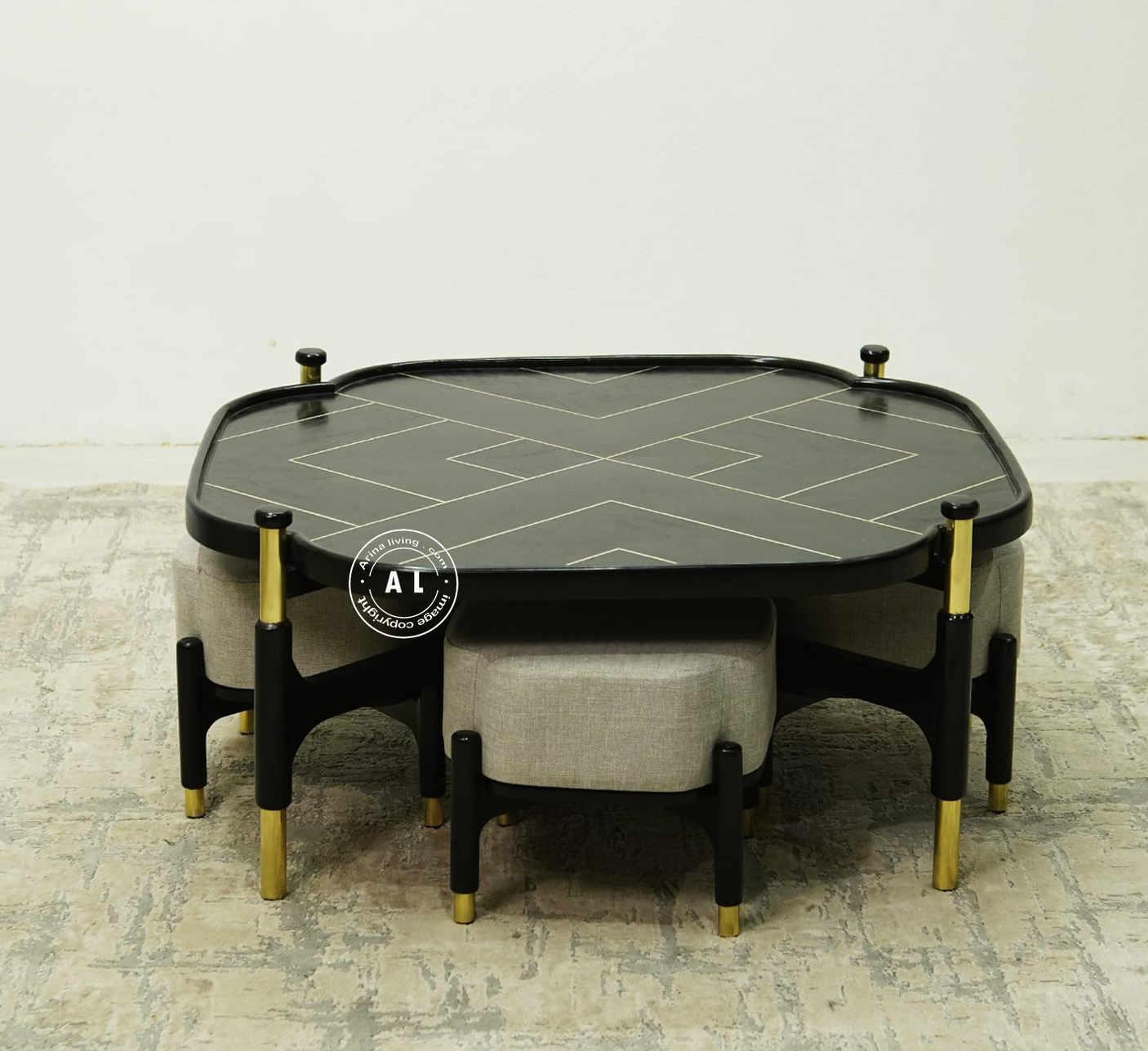 Mango Wood Coffee Table with Four Stools - Black finish