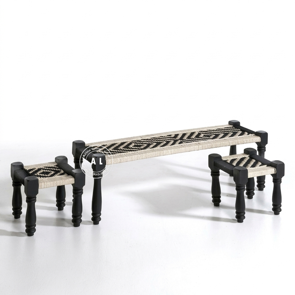 Pinkely Charpai bench with 2 stool