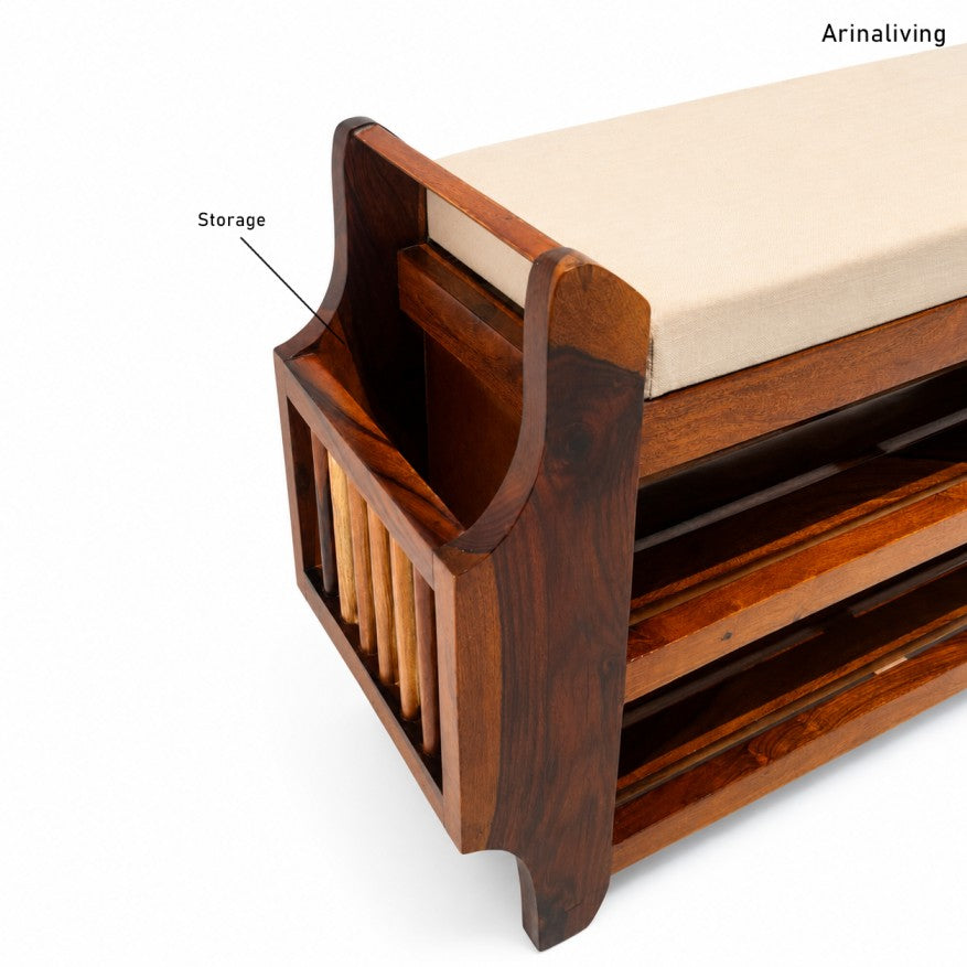 Kasie Solid Sheesham Wood Shoe Rack with Cushioned Seat & Storage Shelves – Honey Finish