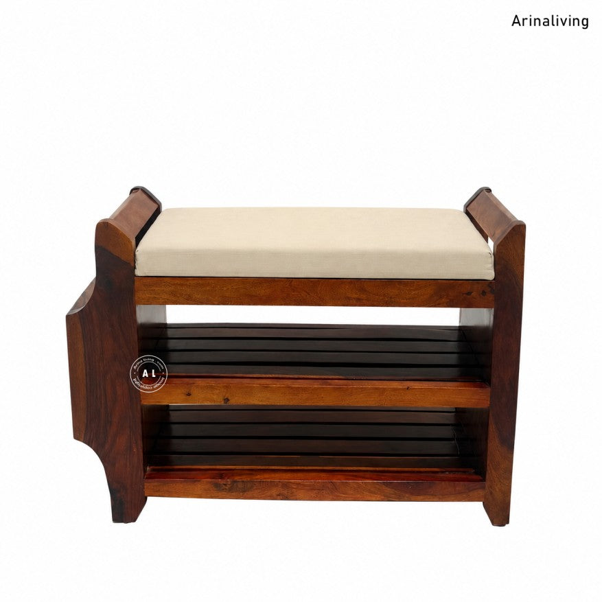 Kasie Solid Sheesham Wood Shoe Rack with Cushioned Seat & Storage Shelves – Honey Finish