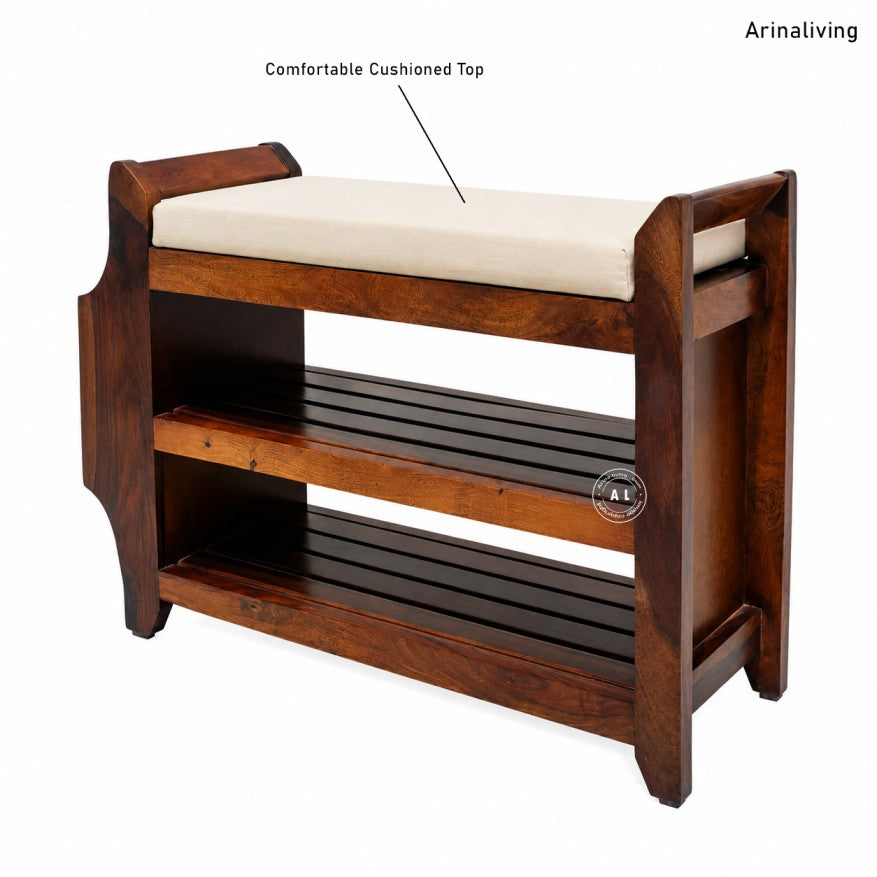 Kasie Solid Sheesham Wood Shoe Rack with Cushioned Seat & Storage Shelves – Honey Finish
