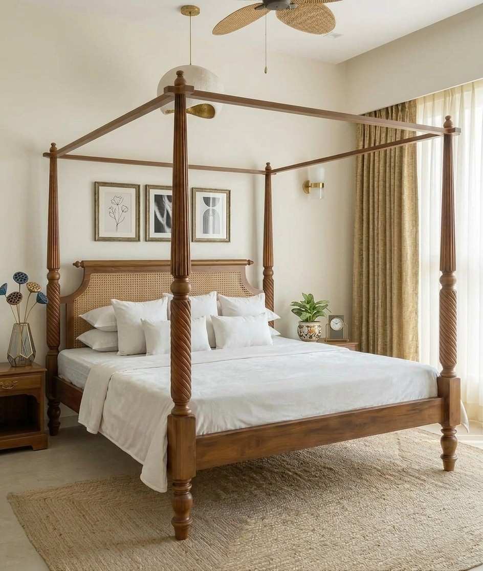 Berdie Poster bed with rattan work (teak finish)