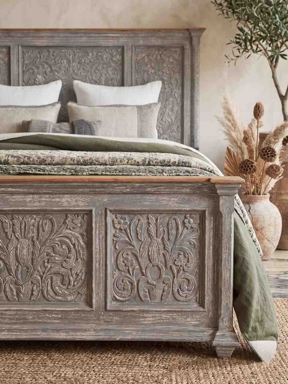 Christer carved bed with drawer storages (grey finish)
