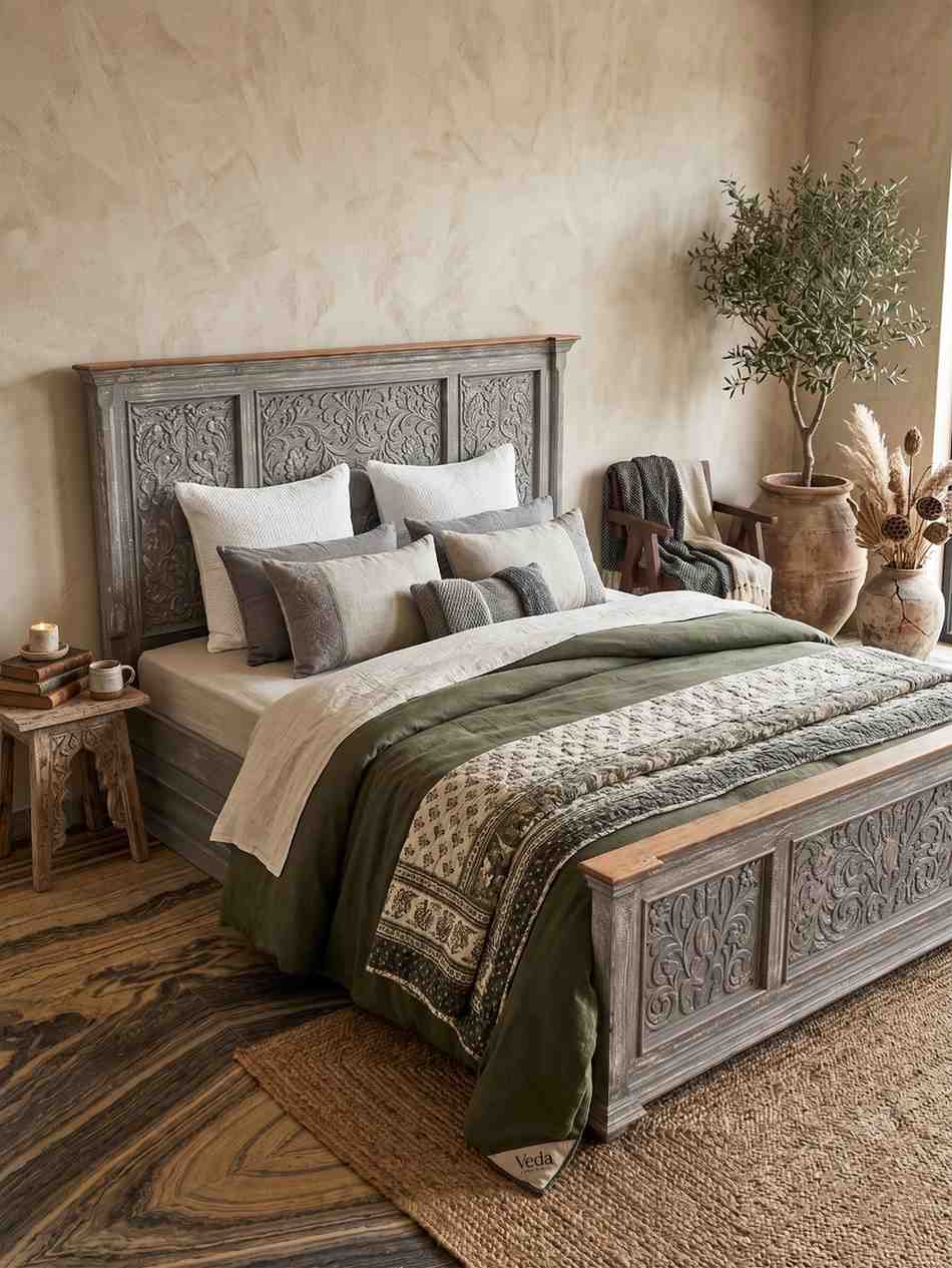 Christer carved bed with drawer storages (grey finish)