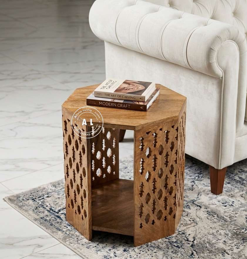 Wooden Carved side table -Teak finish