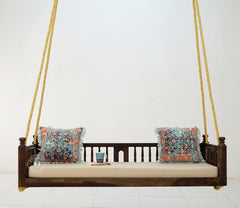 Sheesham Wood Swing Chair with Fabric Seat – Walnut Finish Arina Living