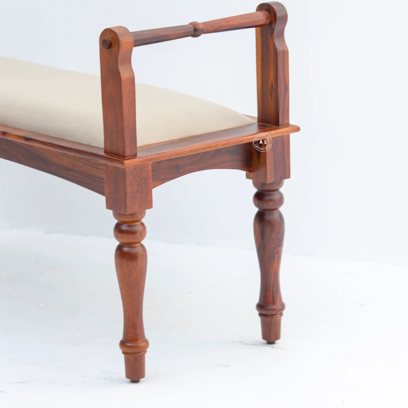 Loren Wooden Bench with Cushioned Seat – Sheesham Wood - Honey Finish