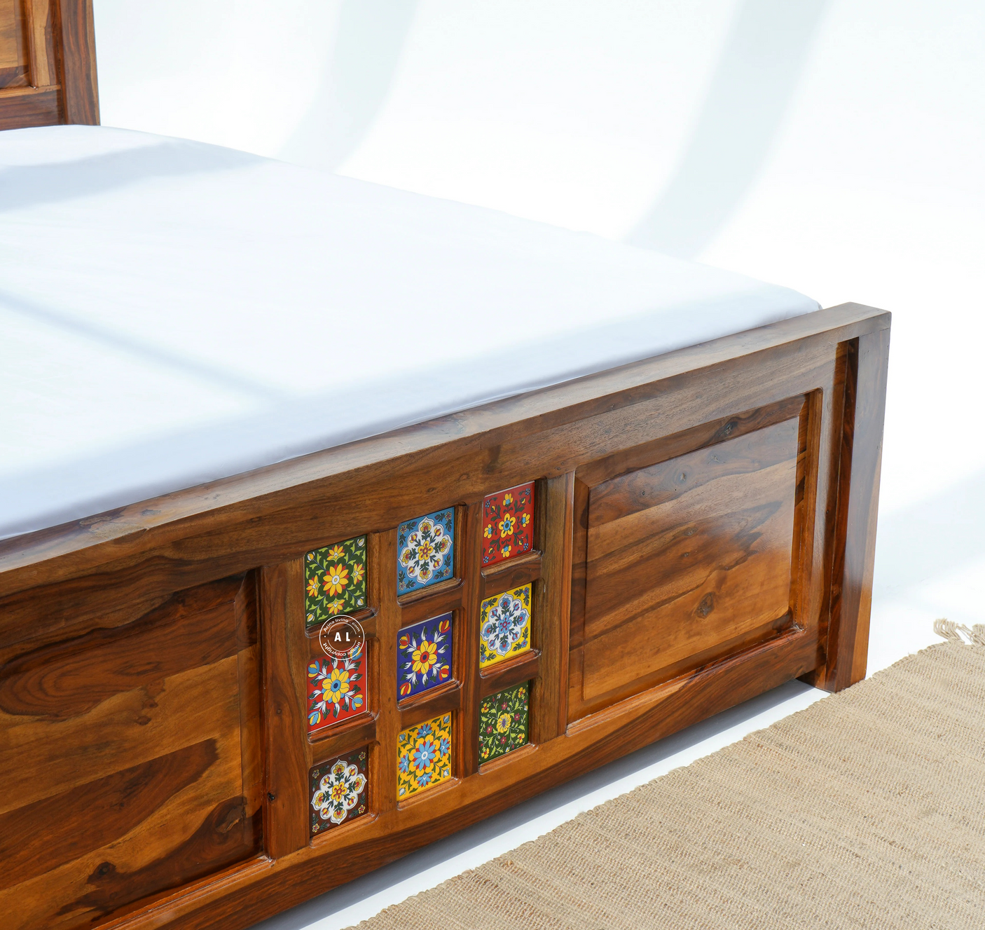 Burry King Size Sheesham Wood Bed with Drawer Storage – Honey Finish