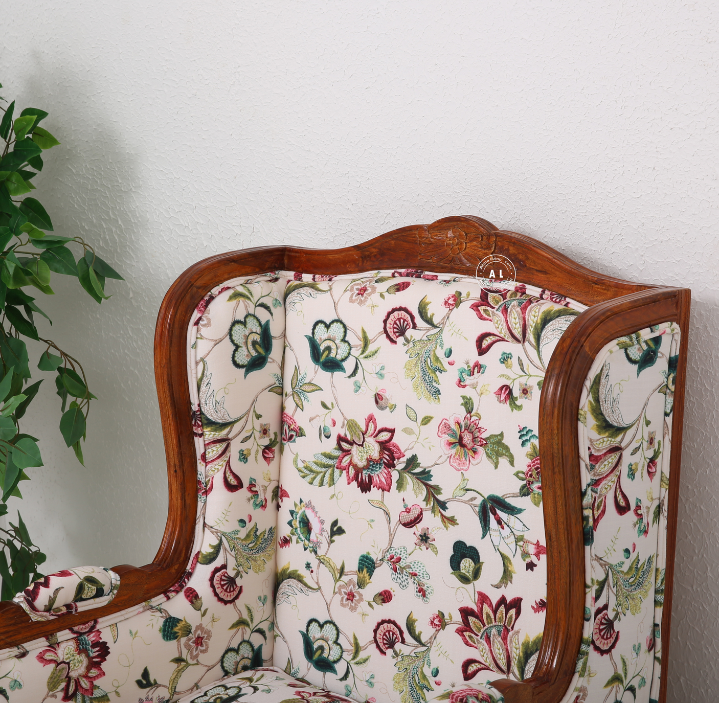 Empire Mango Wood Lounge Chair – Honey Finish Floral Upholstered Accent Chair