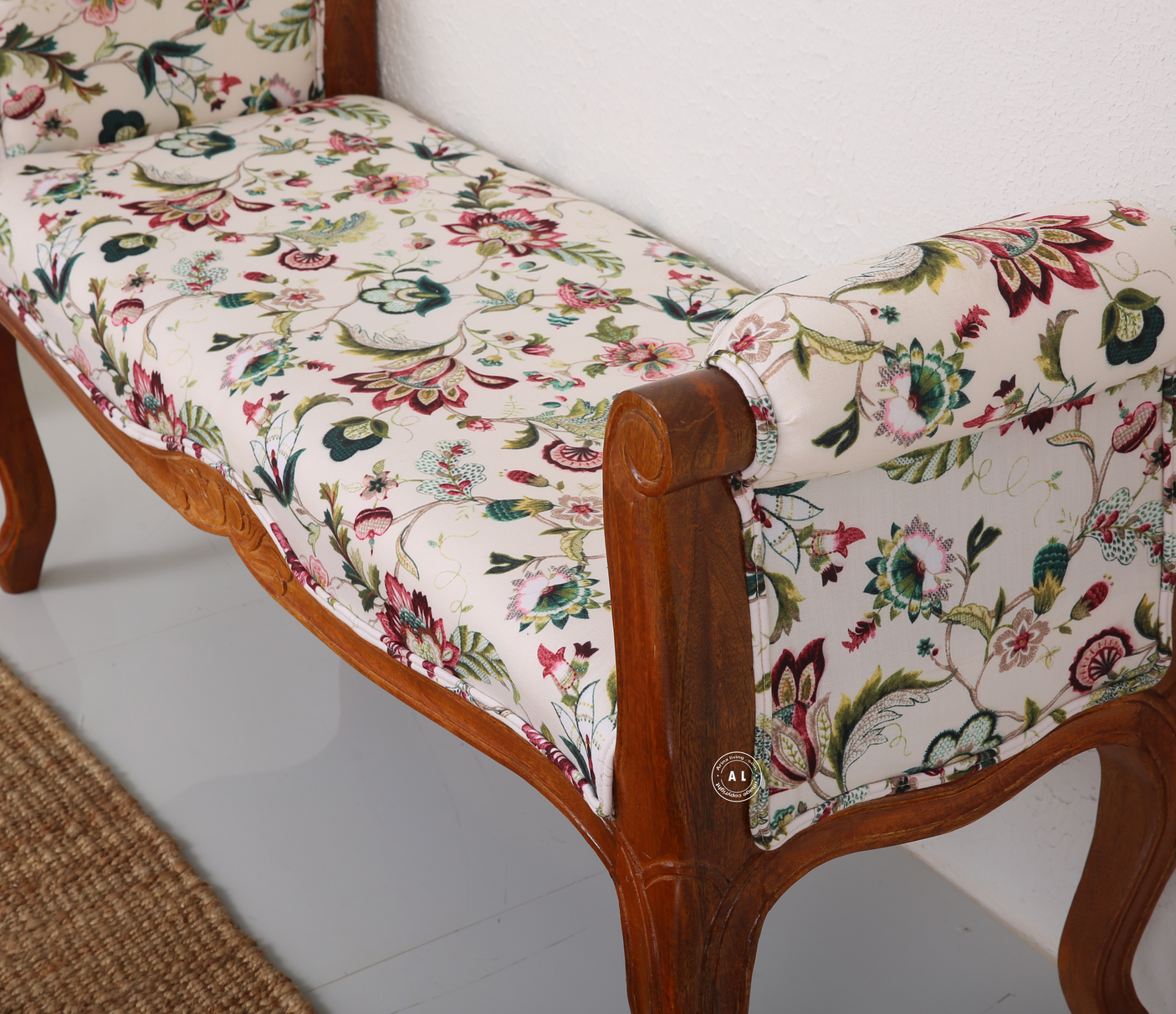 Glidex Mango Wood Bench with Cotton Upholstery – Honey Finish Designer Seating