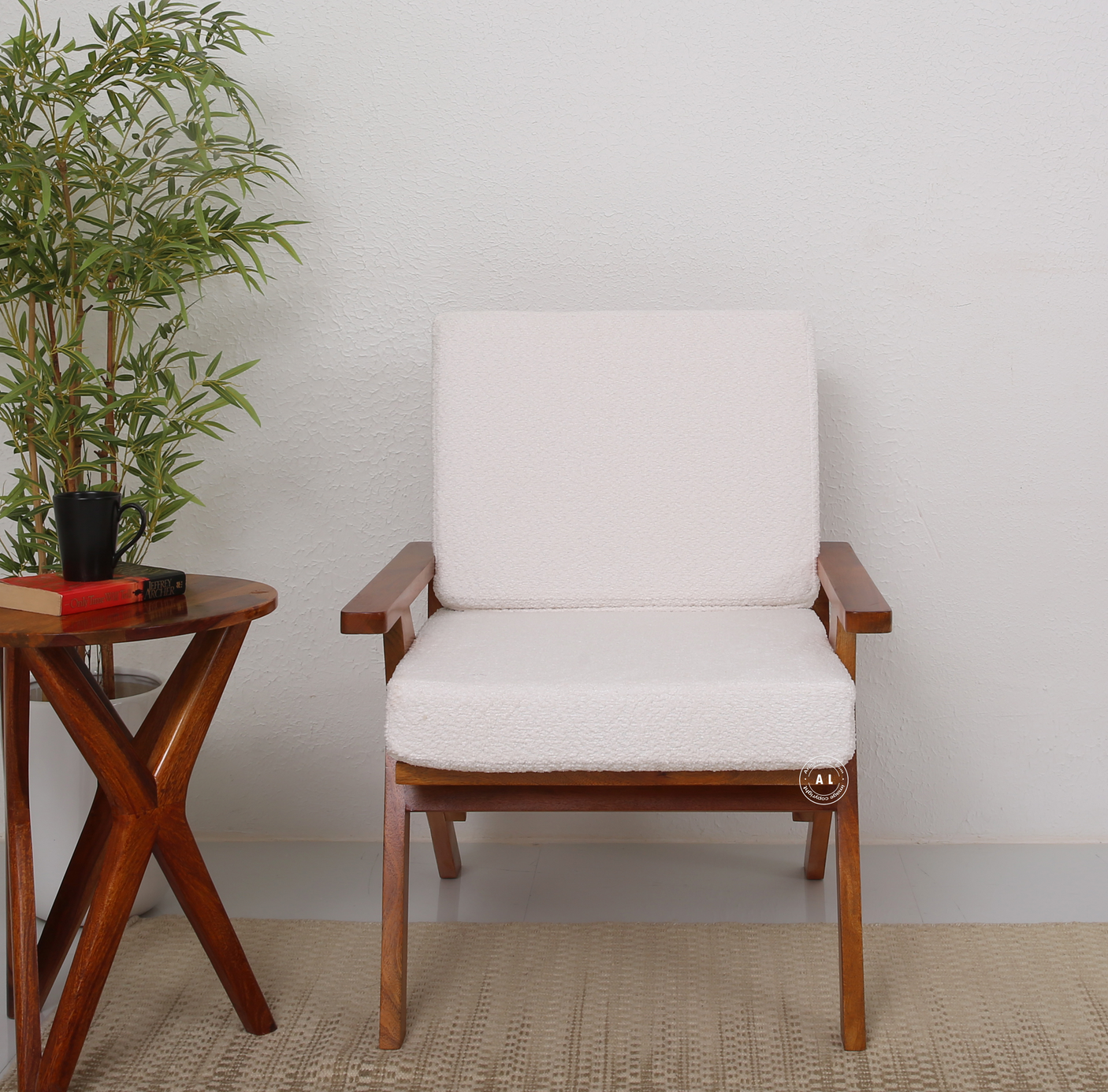Altora Mango Wood Arm Chair with Boucle Fabric Upholstery – Honey Finish