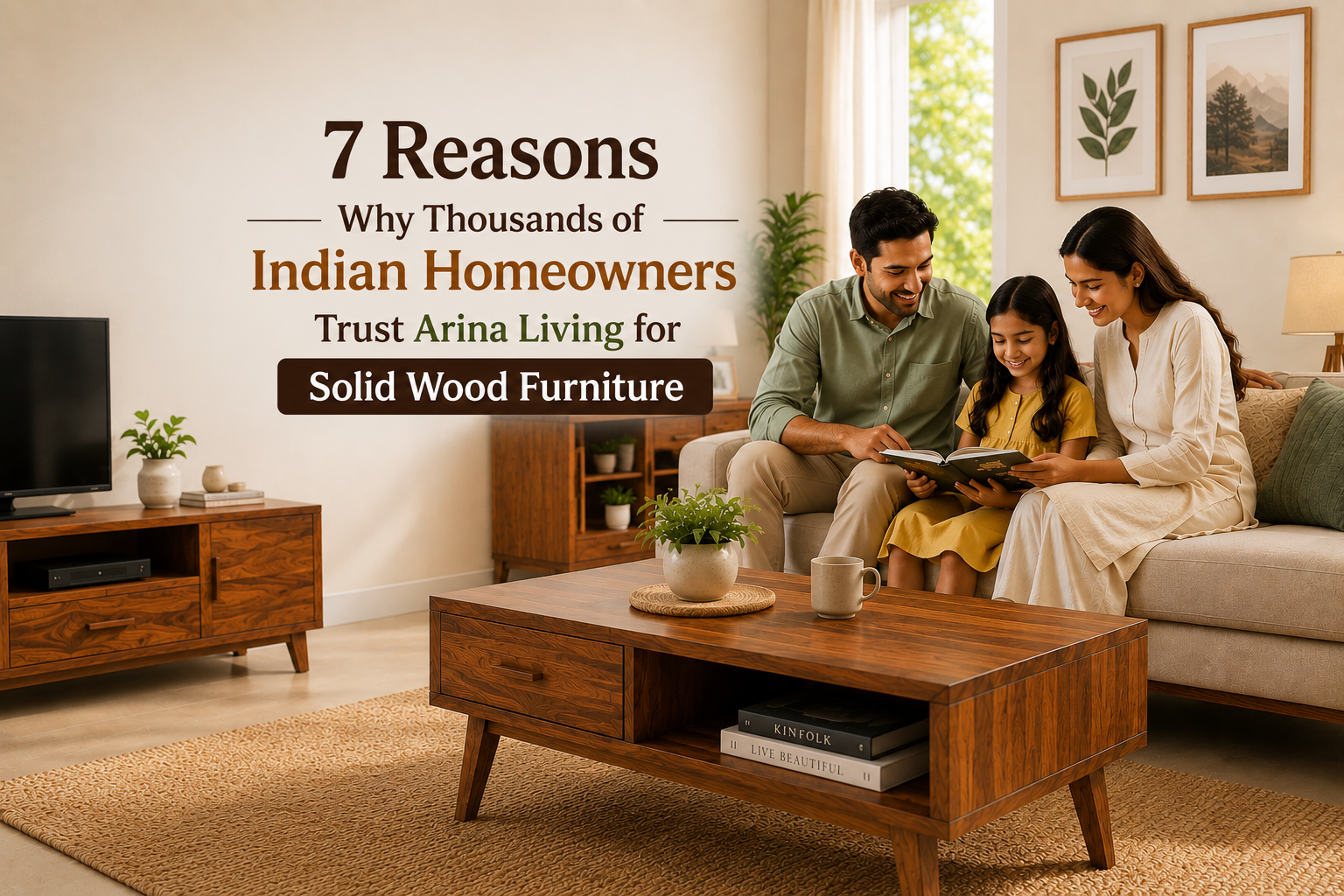 Indian family with premium solid wood furniture by Arina Living, showcasing why homeowners trust the brand across India.