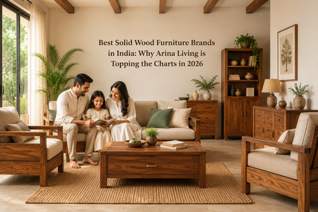 Happy family in a modern living room with solid wood furniture, showcasing Arina Living's premium furniture collection in India.
