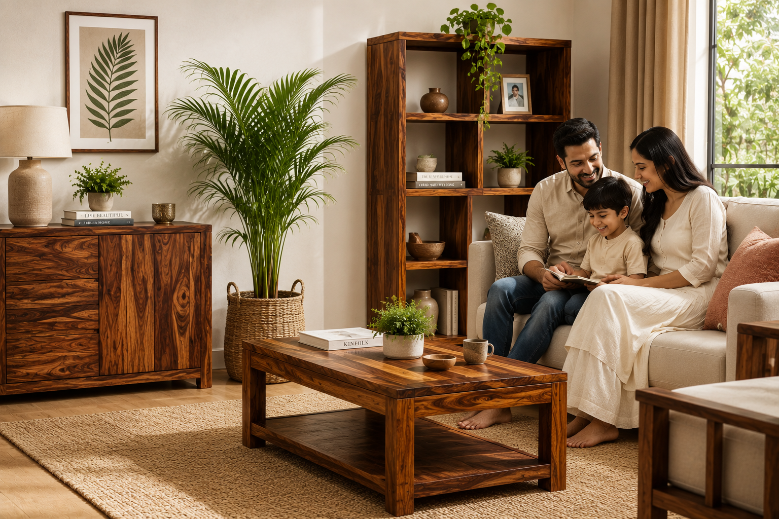 Family relaxing in a modern living room with elegant Sheesham wood furniture by Arina Living in a warm, stylish home setting.