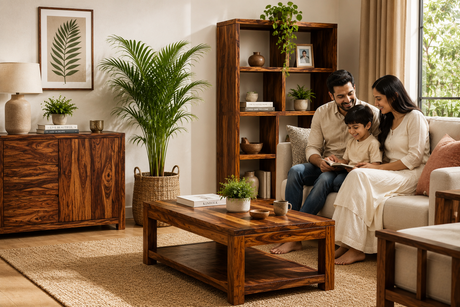 Family relaxing in a modern living room with elegant Sheesham wood furniture by Arina Living in a warm, stylish home setting.