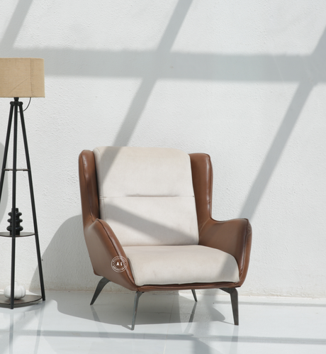 Native Wooden Lounge Chair – Premium Rexine & Cotton Upholstered Accent Chair with Metal Legs Arina Living