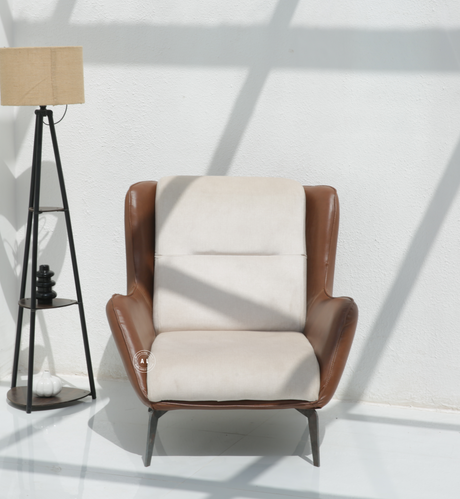 Native Wooden Lounge Chair – Premium Rexine & Cotton Upholstered Accent Chair with Metal Legs Arina Living
