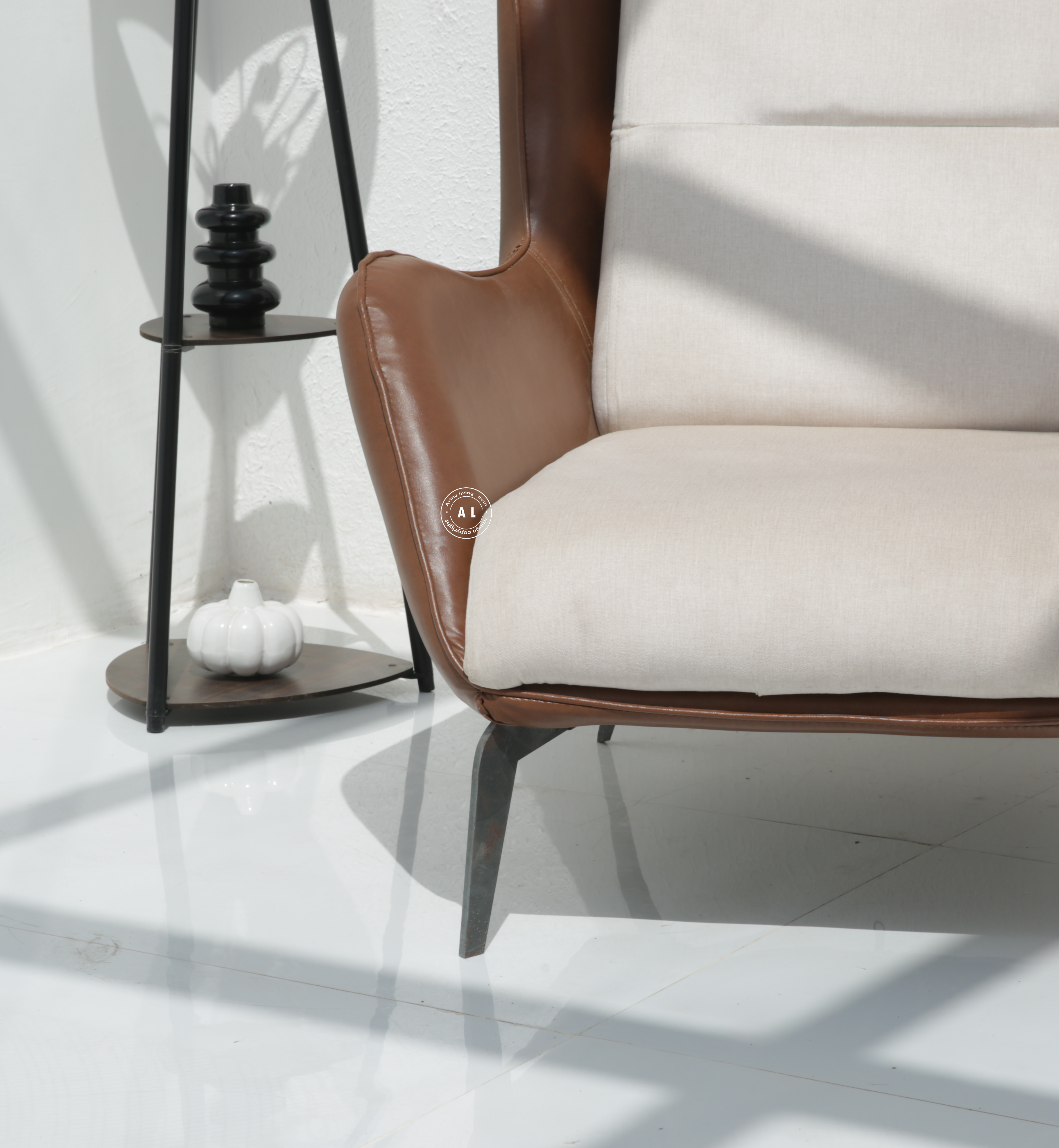 Native Wooden Lounge Chair – Premium Rexine & Cotton Upholstered Accent Chair with Metal Legs Arina Living