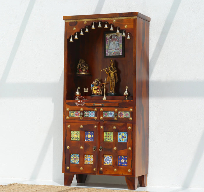 Hype Sheesham Wood Floor Standing Temple with Doors & Drawers - Honey finish Arina Living