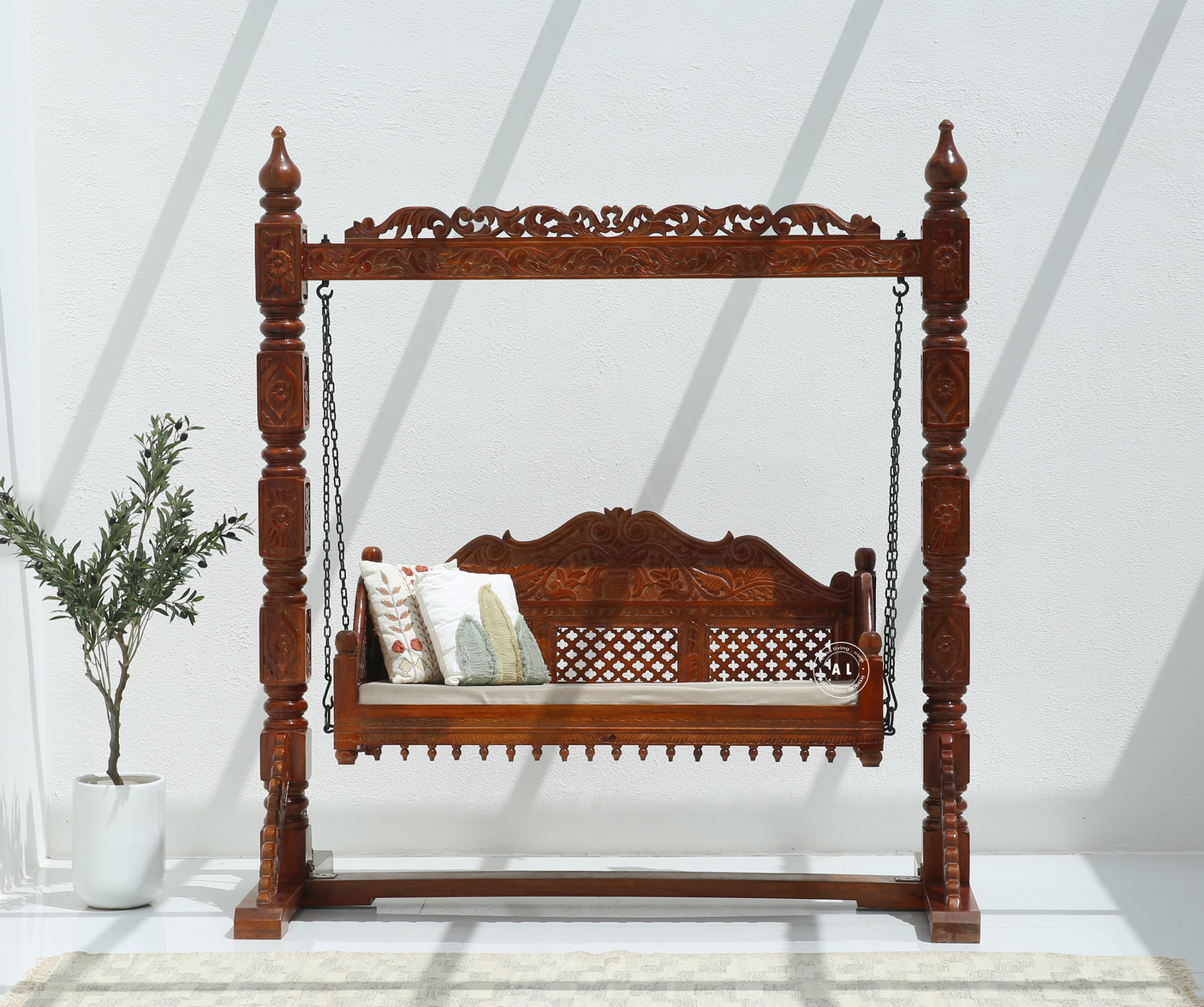 Regis Mango Wood Carved Swing (Jhula) – Honey Finish