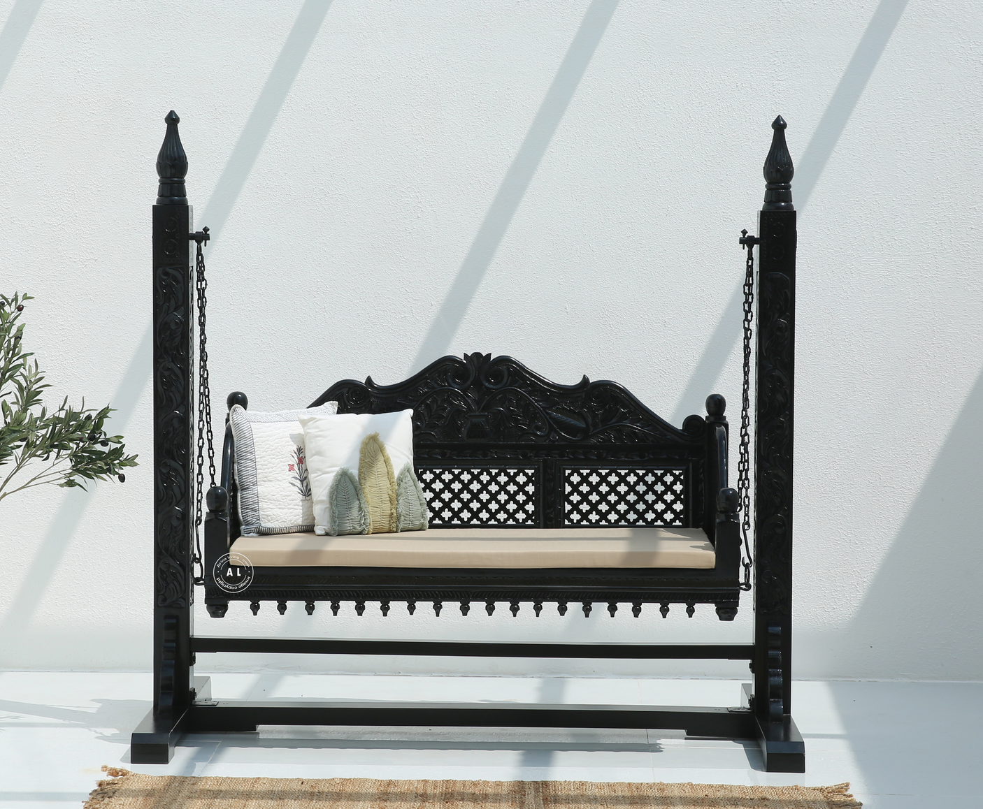 Pulse Wooden Carved Swing – Solid Mango Wood Black Finish Jhula for Home