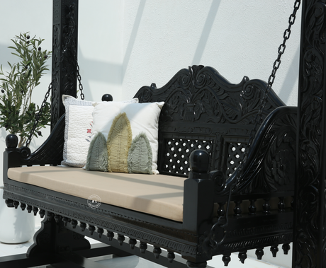 Pulse Wooden Carved Swing – Solid Mango Wood Black Finish Jhula for Home Arina Living