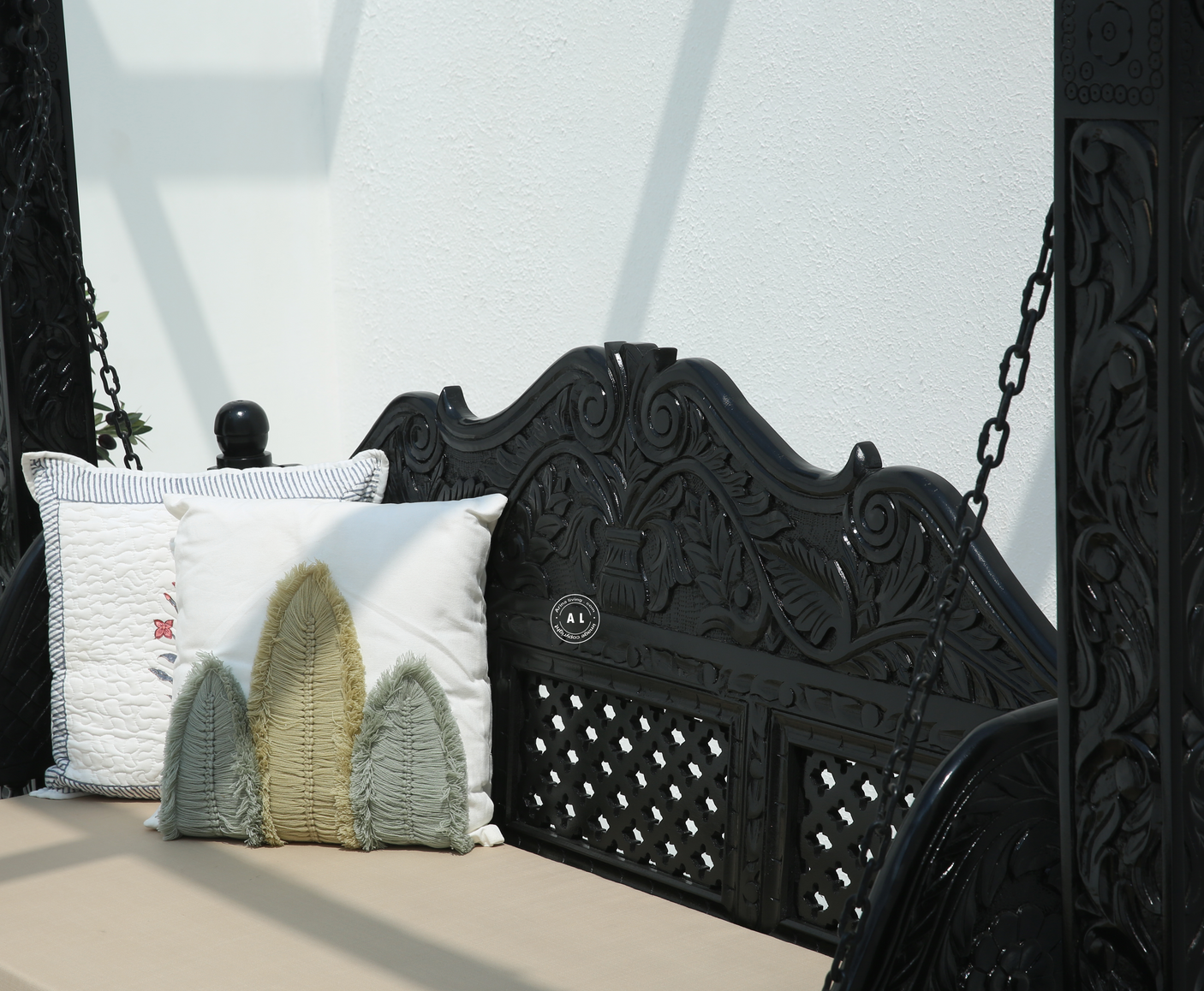 Pulse Wooden Carved Swing – Solid Mango Wood Black Finish Jhula for Home