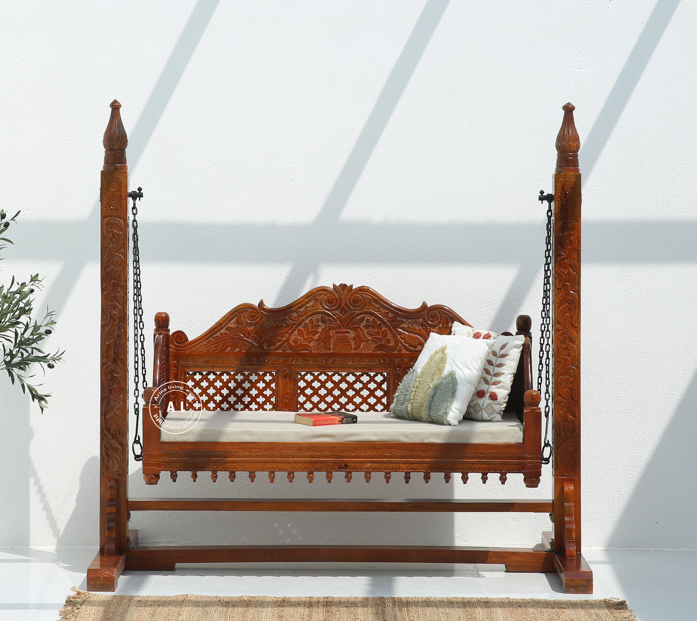 Pulse Wooden Carved Swing – Solid Mango Wood Honey Finish Jhula for Home