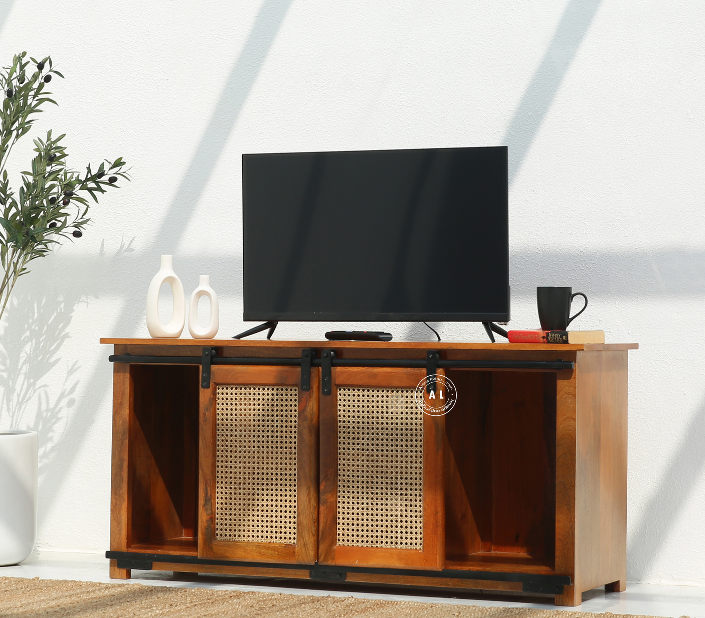 Cast Wooden TV Unit with Sliding Door in Solid Mango Wood – Honey Finish