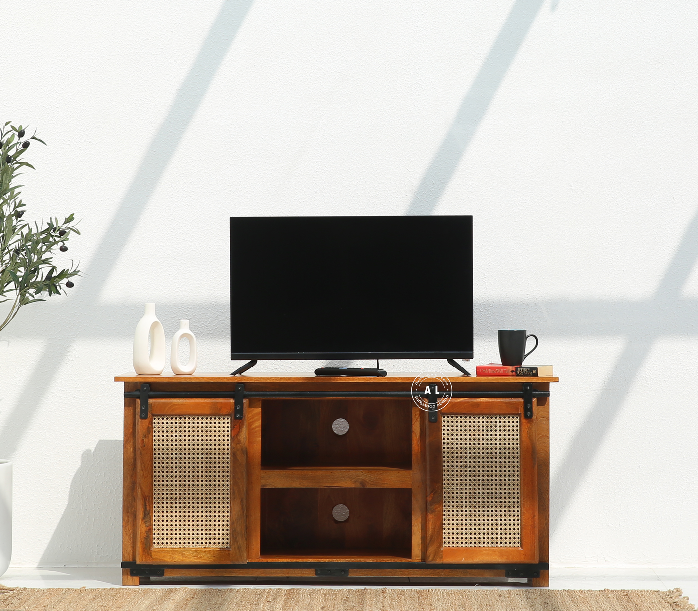 Cast Wooden TV Unit with Sliding Door in Solid Mango Wood – Honey Finish