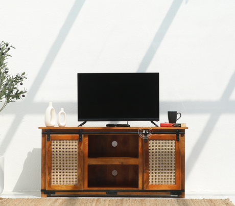 Cast Wooden TV Unit with Sliding Door in Solid Mango Wood – Honey Finish Arina Living